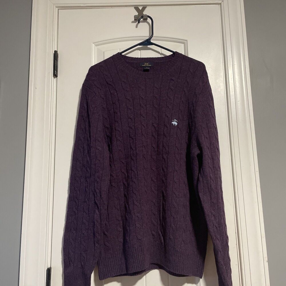 Mens Brooks Brothers 346 Lambs wool‎ Cable V Neck Sweater Dark Purple L